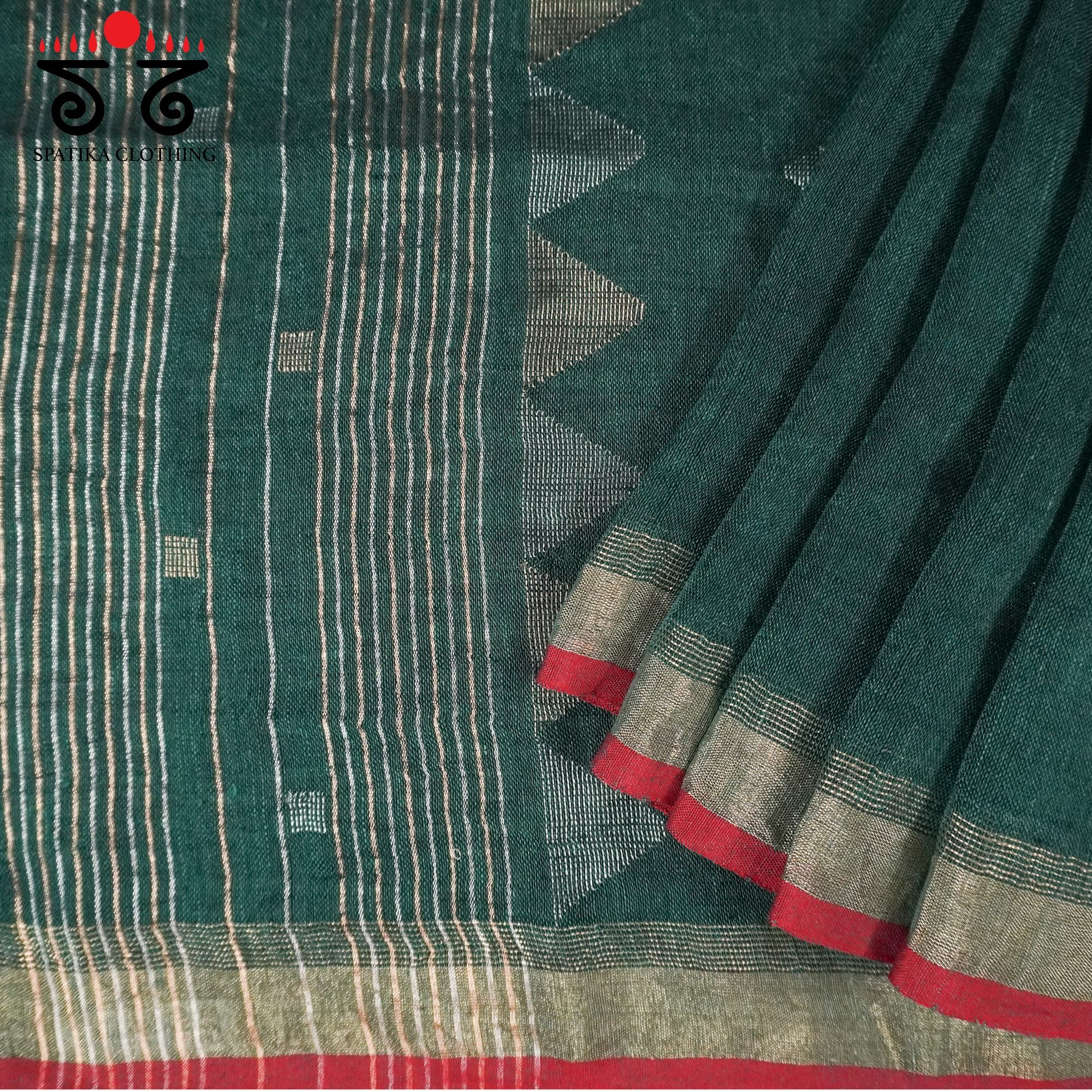 Dark Green Jamdhani-Linen Cotton Saree