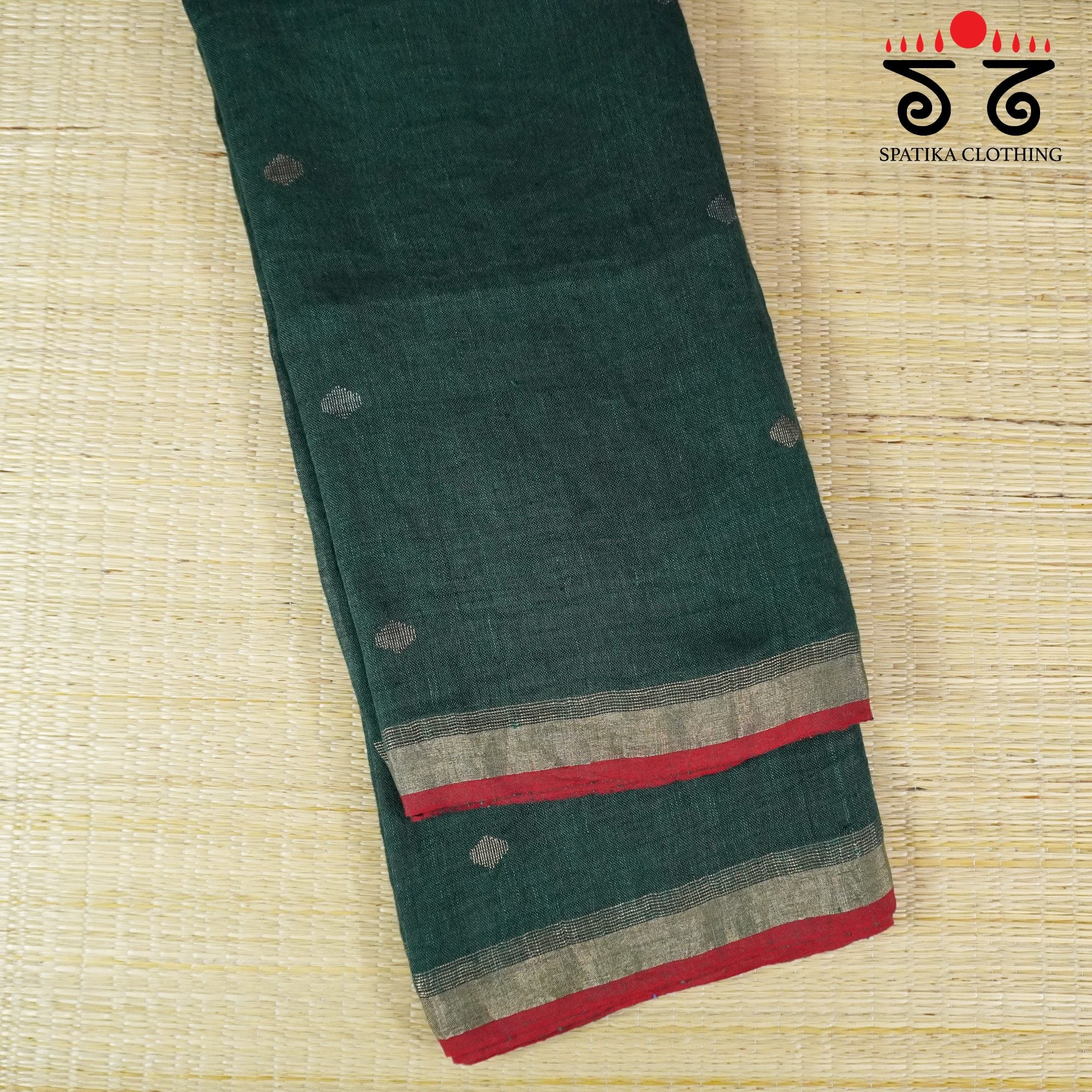 Dark Green Jamdhani-Linen Cotton Saree