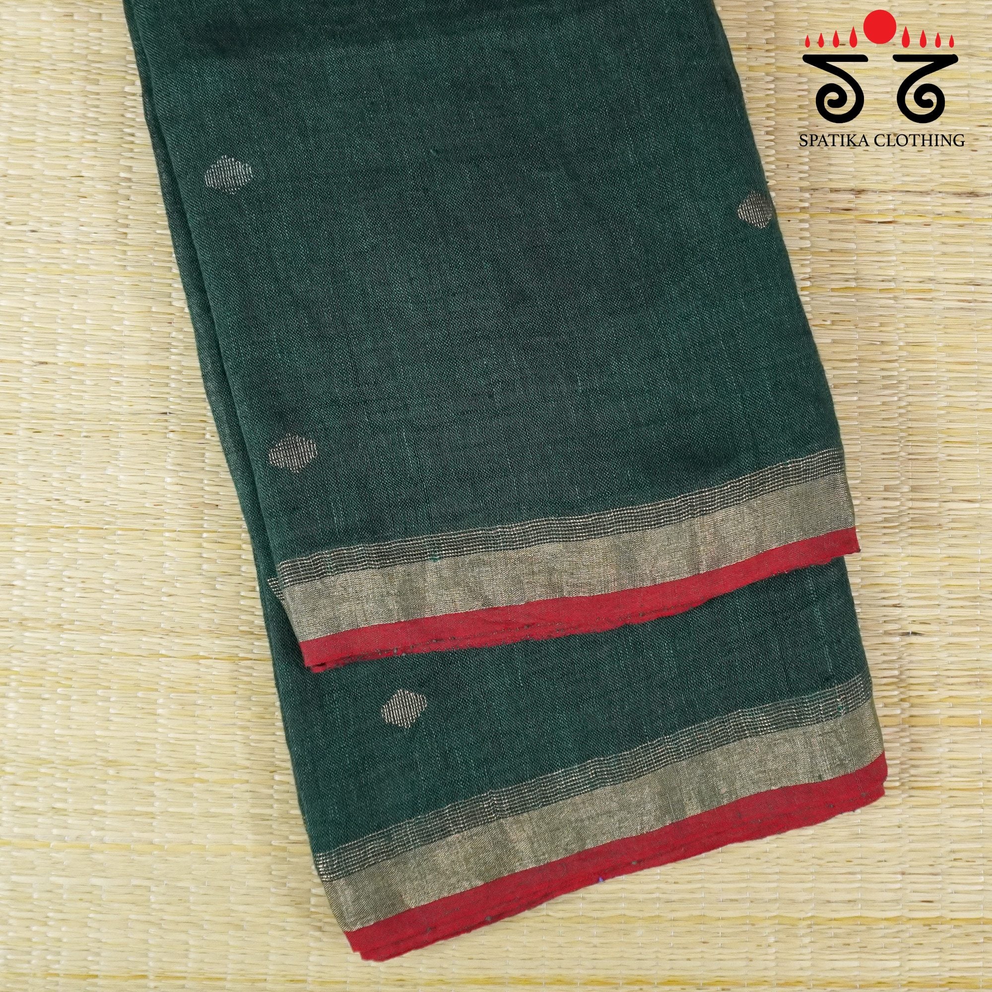 Dark Green Jamdhani-Linen Cotton Saree