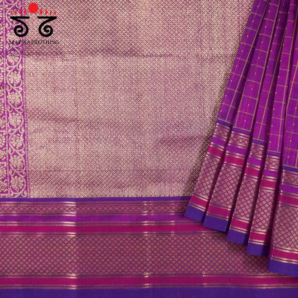Festive Kanjivaram Silk Cotton- Purple with The Lambani - Bandhani Blouse