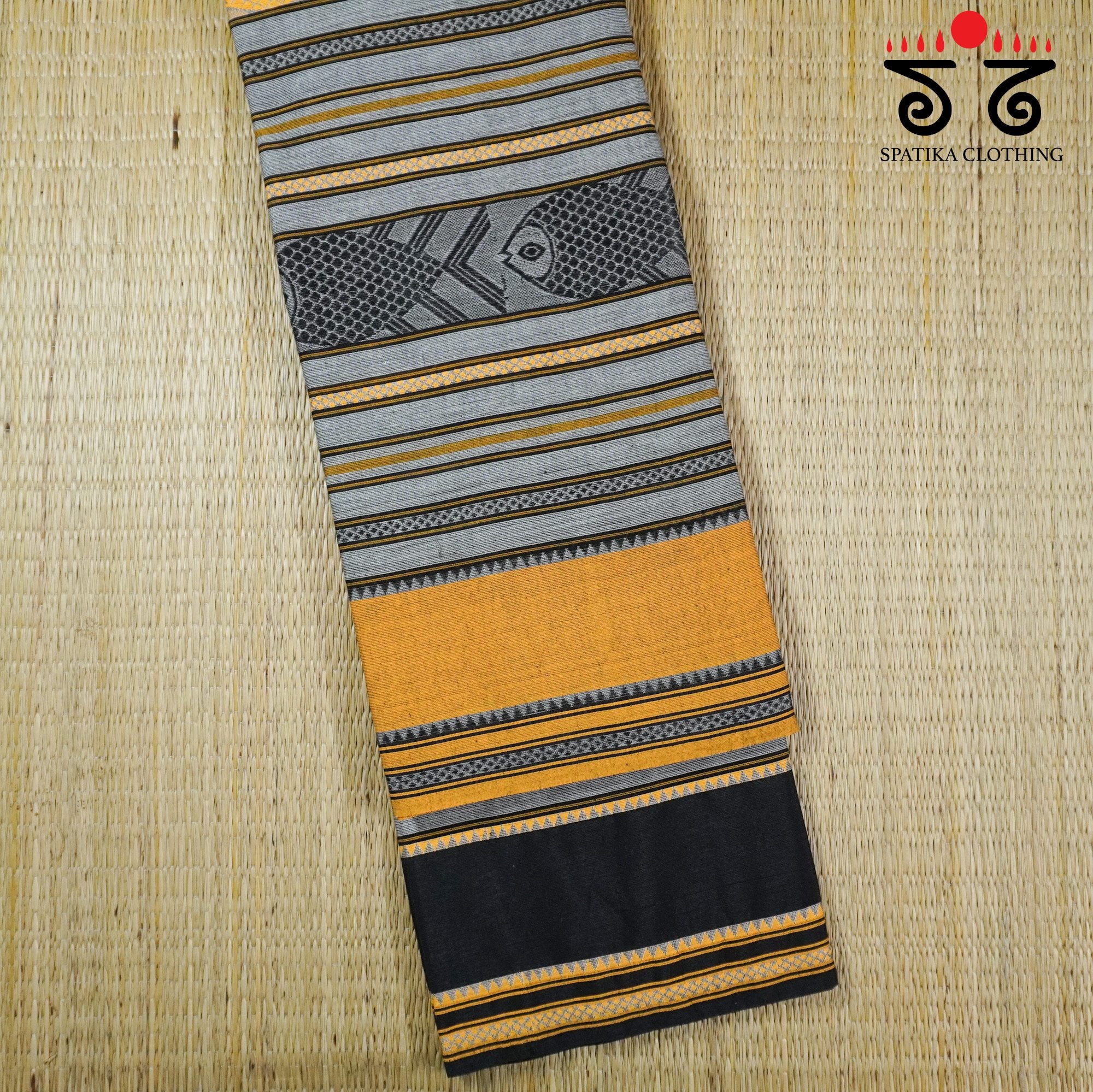 Yellow & Black Begampur Saree - With Fish Motifs!