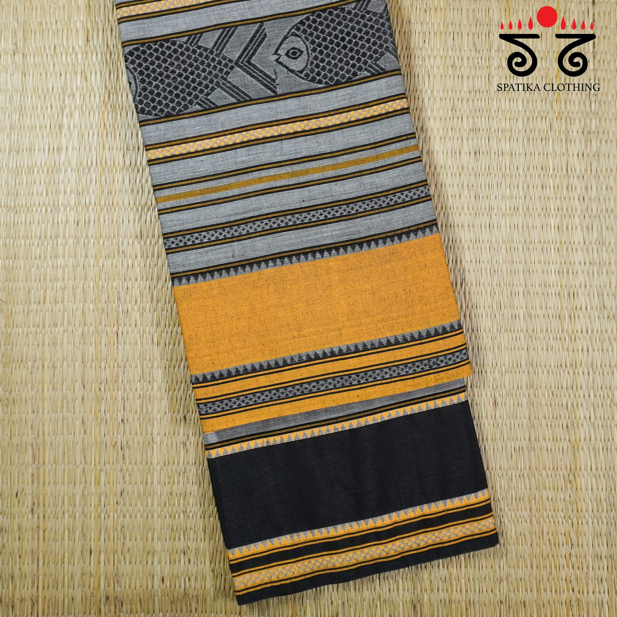 Yellow & Black Begampur Saree - With Fish Motifs!