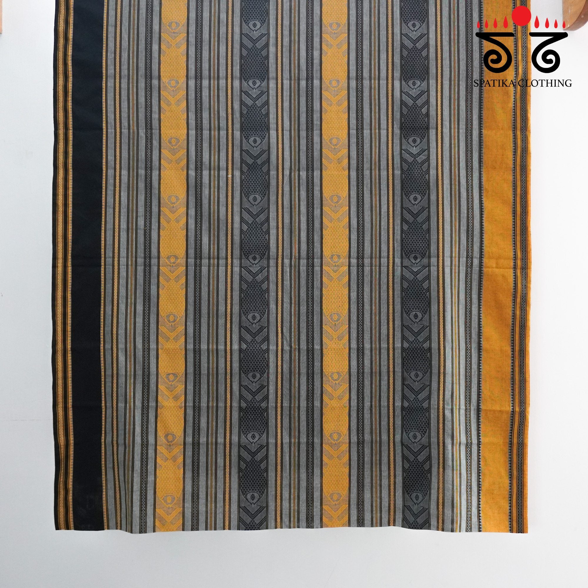 Yellow & Black Begampur Saree - With Fish Motifs!