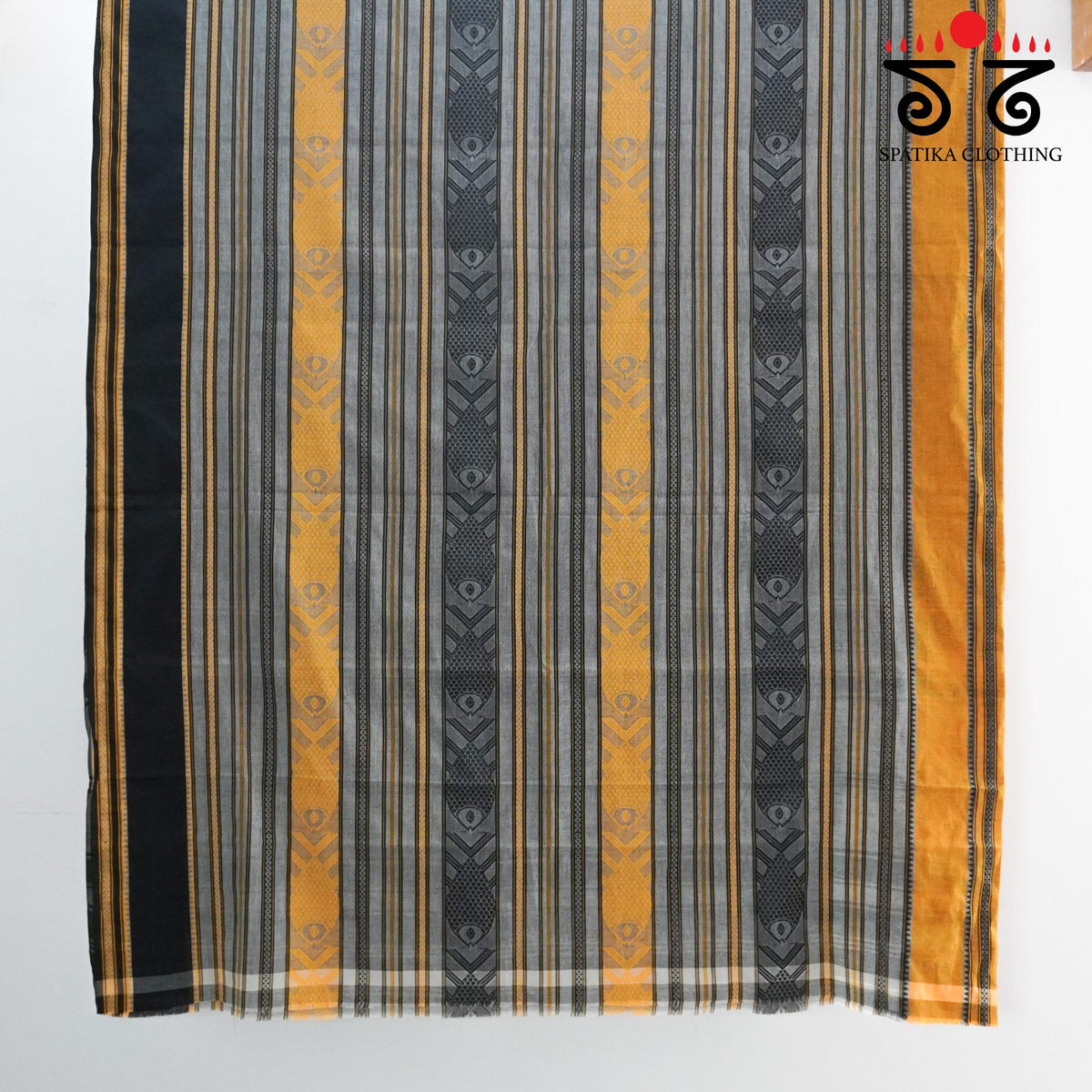 Yellow & Black Begampur Saree - With Fish Motifs!