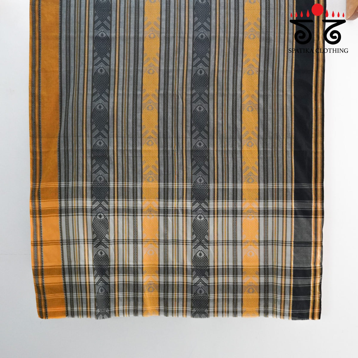 Yellow & Black Begampur Saree - With Fish Motifs!