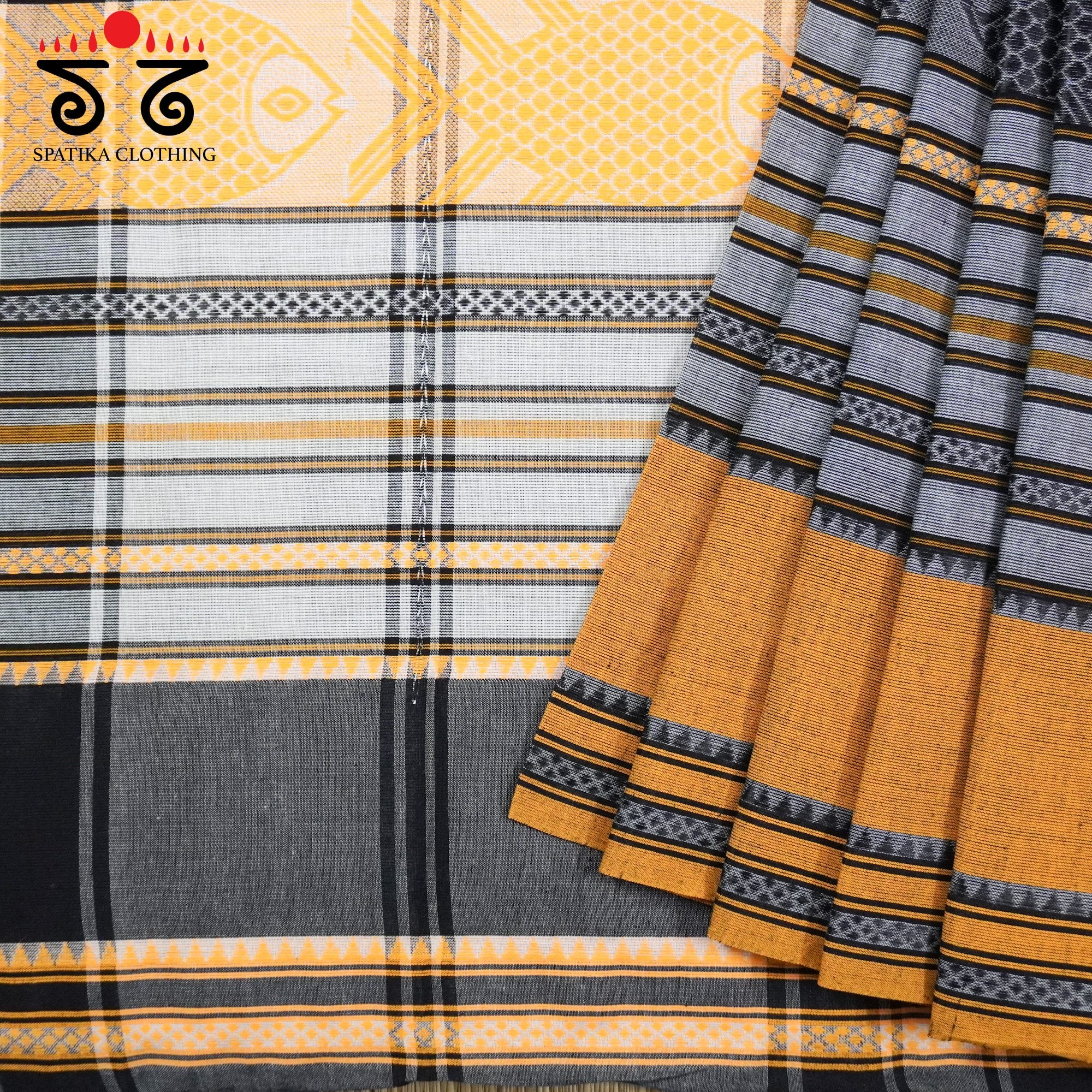 Yellow & Black Begampur Saree - With Fish Motifs!