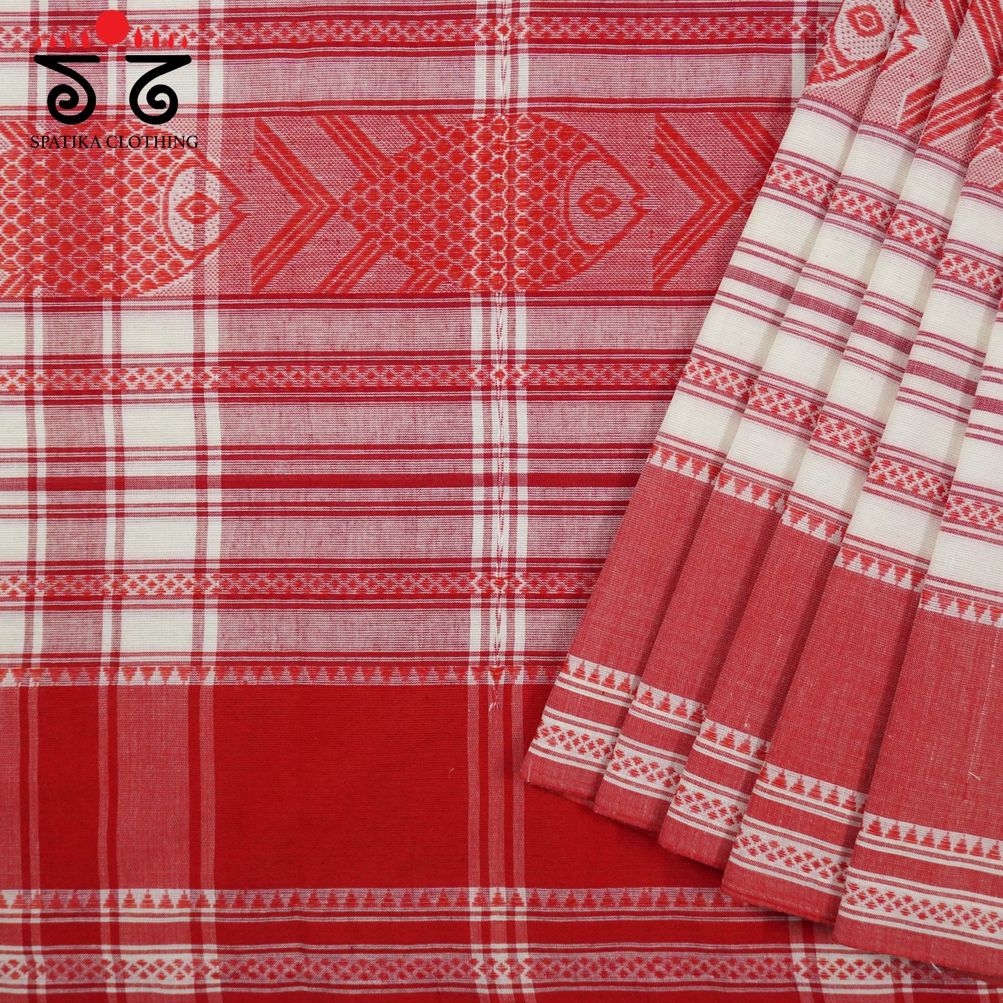 White & Red Begampur Saree - With Fish Motifs!