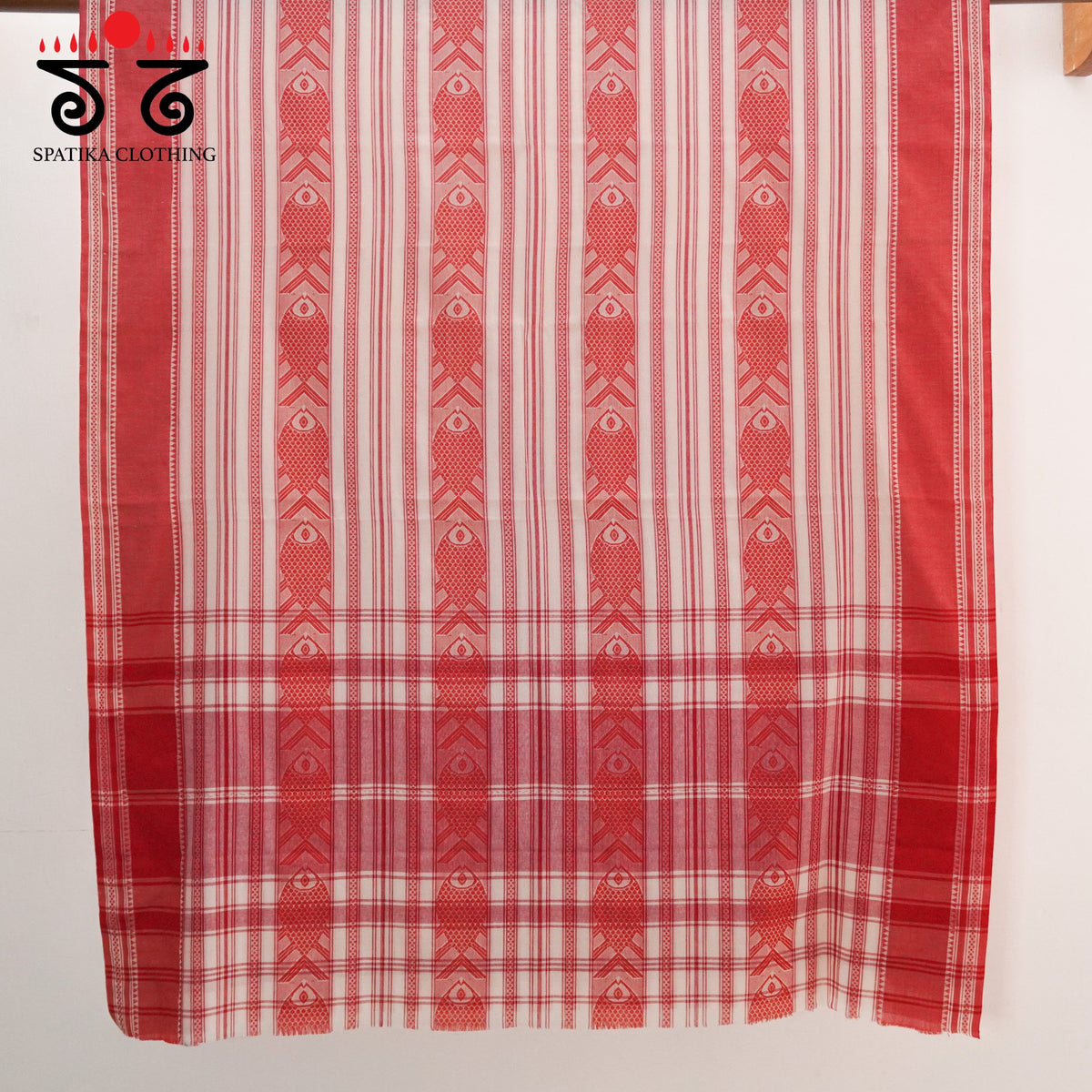 White & Red Begampur Saree - With Fish Motifs!