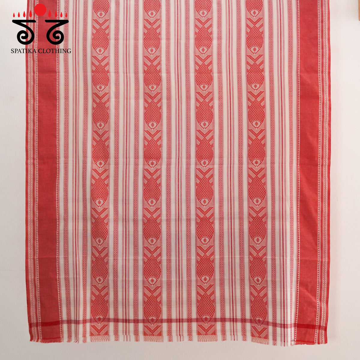 White & Red Begampur Saree - With Fish Motifs!
