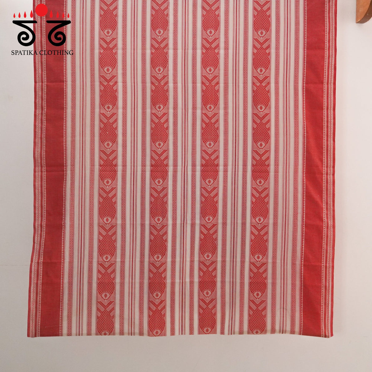 White & Red Begampur Saree - With Fish Motifs!