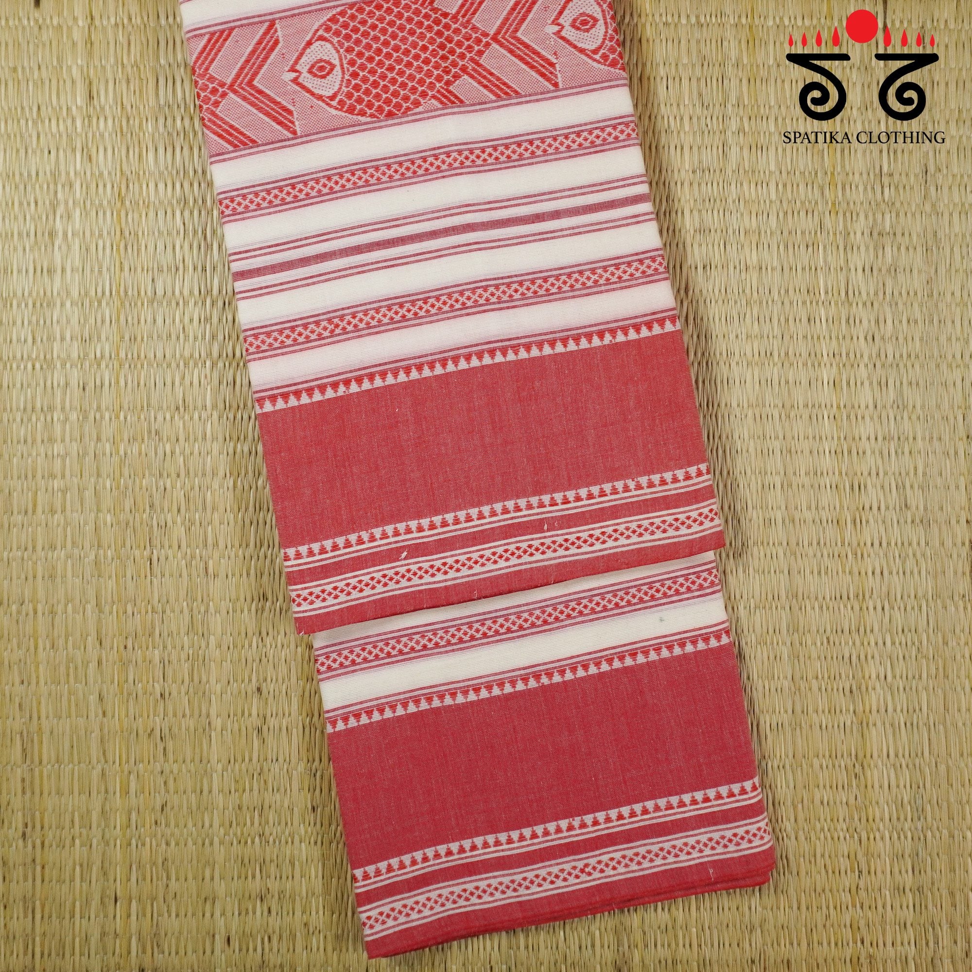 White & Red Begampur Saree - With Fish Motifs!
