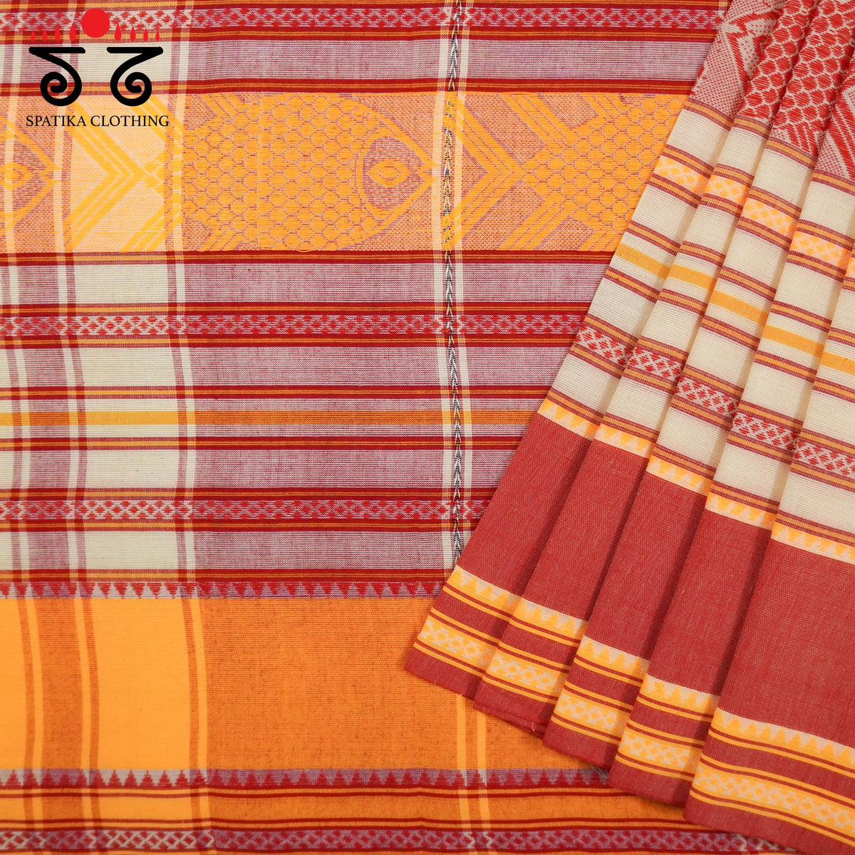 Red Multi Begampur Saree - With Fish Motifs
