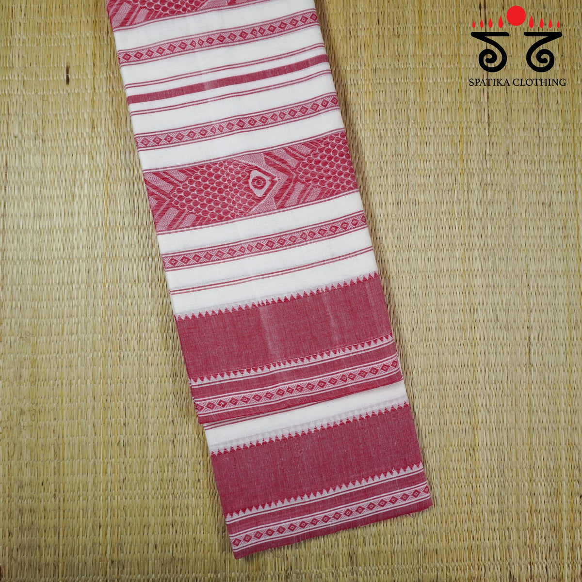 White & Red Begampur Saree-With Fish Motifs!