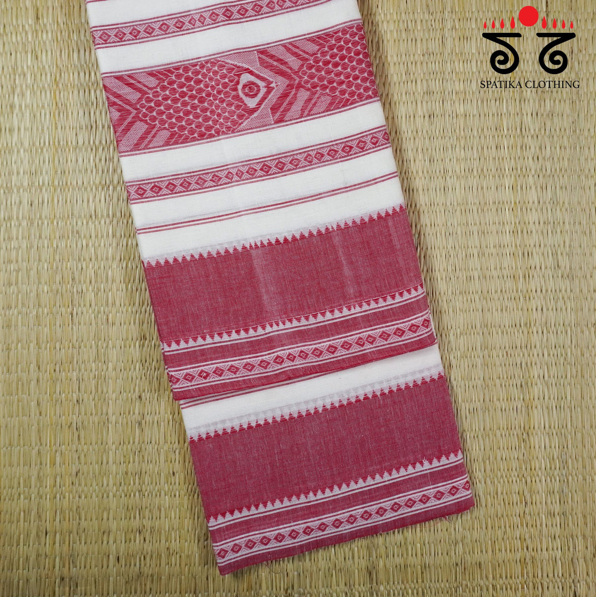 White & Red Begampur Saree-With Fish Motifs!