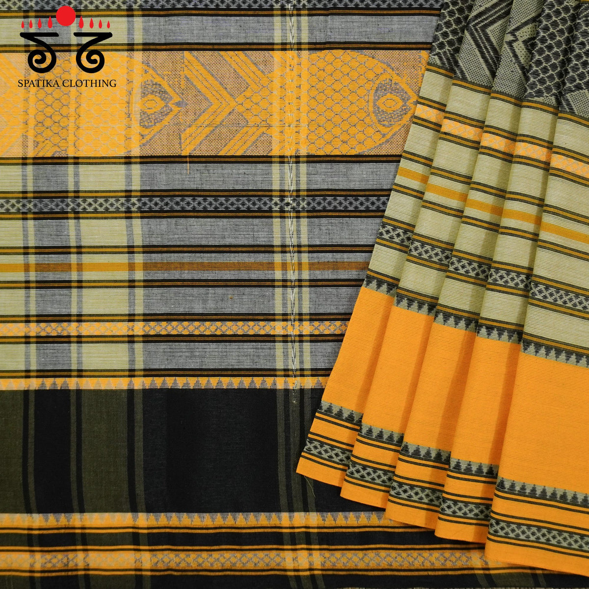 Yellow Begampur Saree - With Fish Motifs!