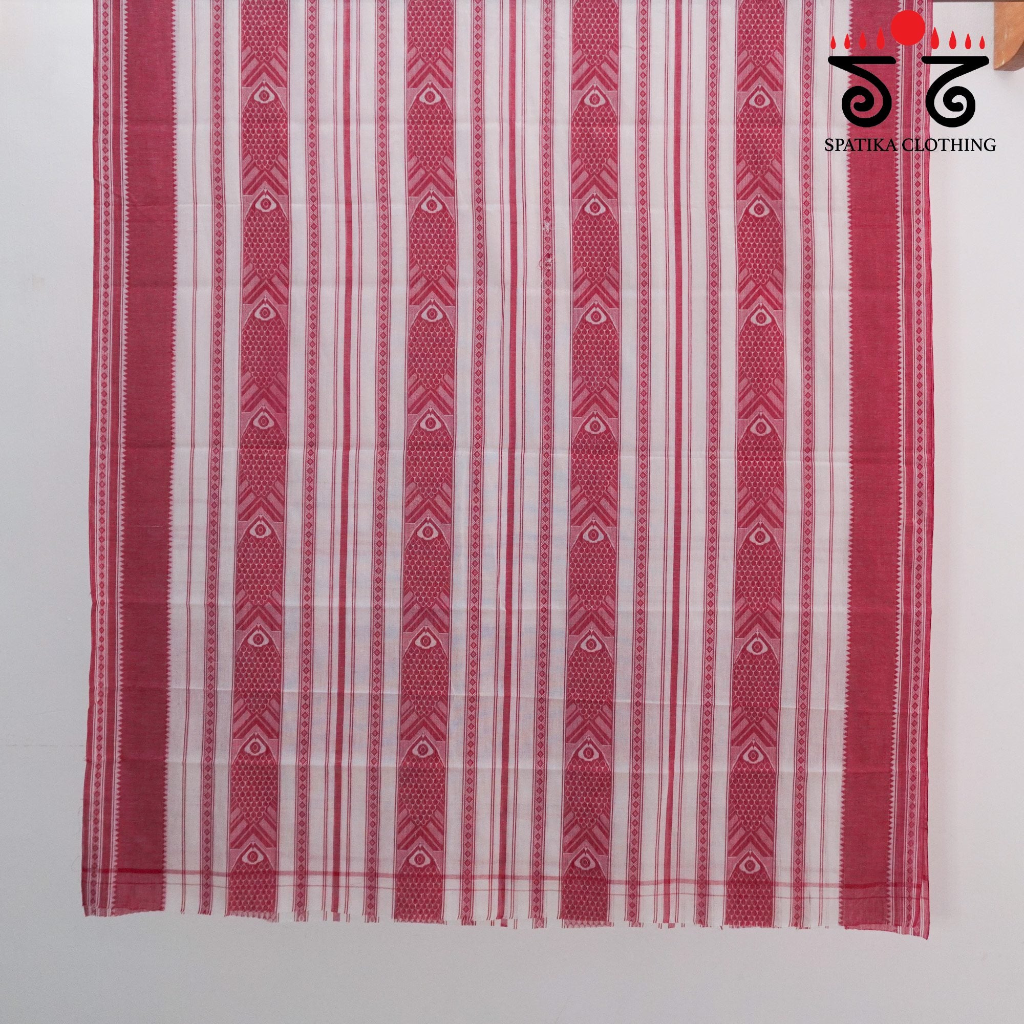 White & Red Begampur Saree-With Fish Motifs!