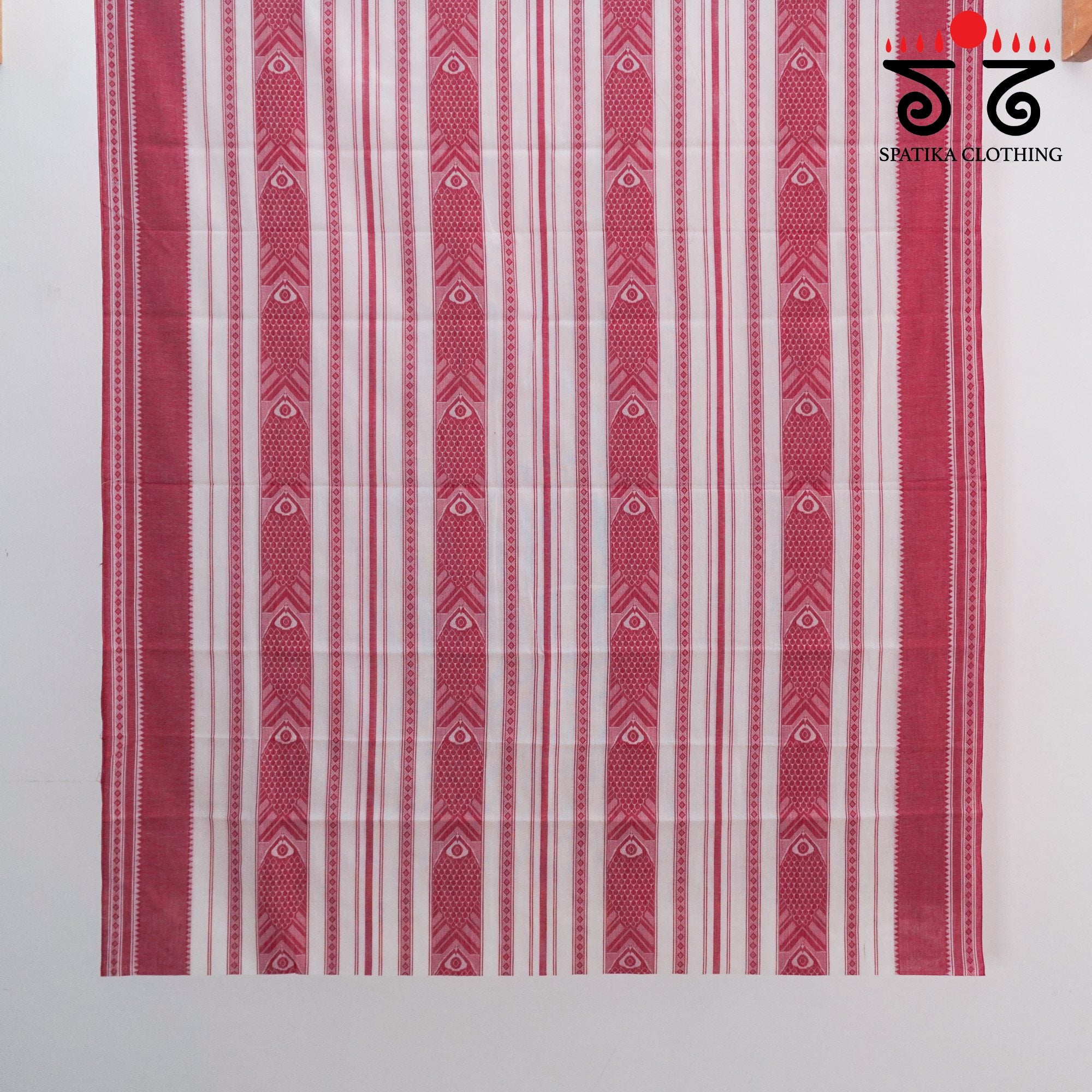 White & Red Begampur Saree-With Fish Motifs!