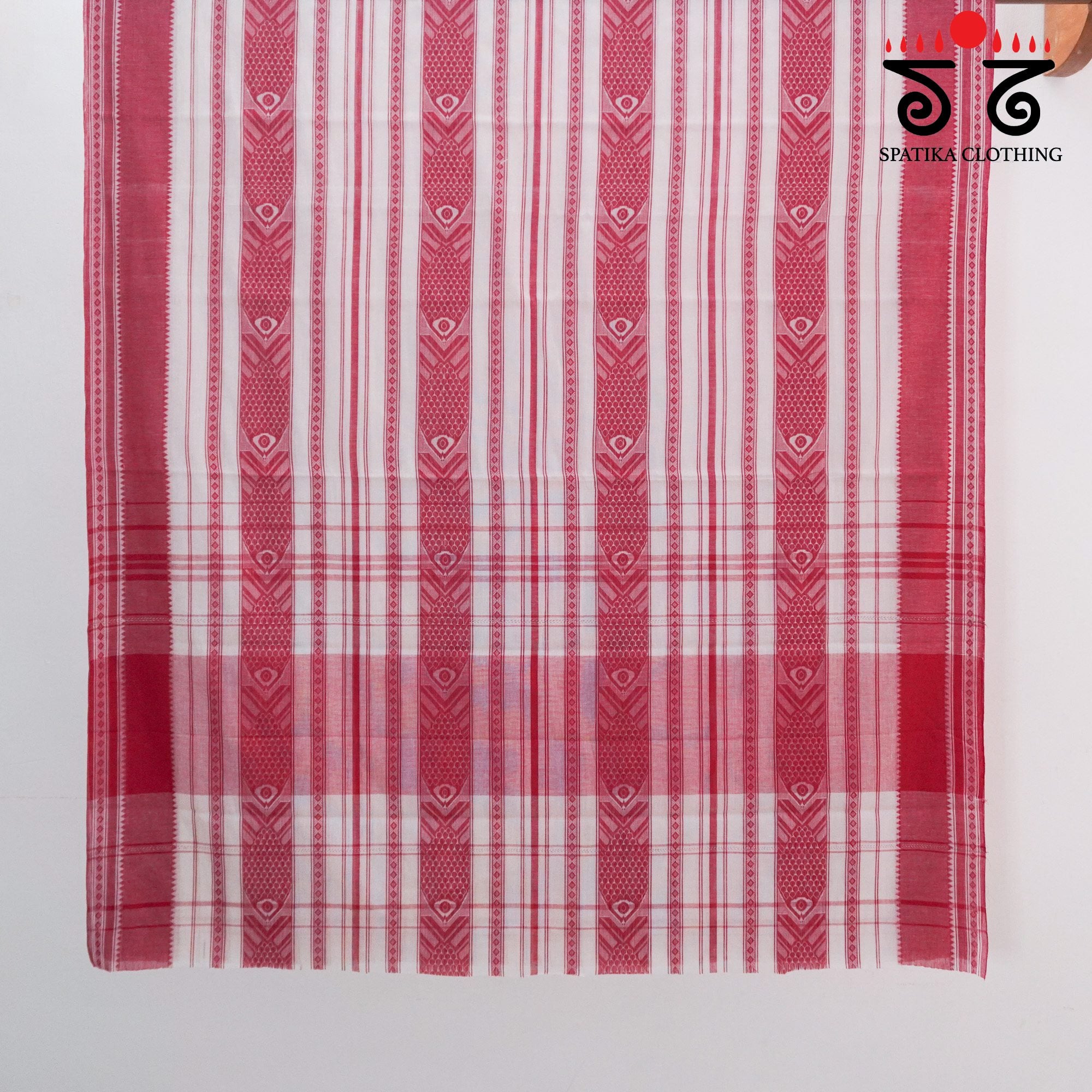 White & Red Begampur Saree-With Fish Motifs!