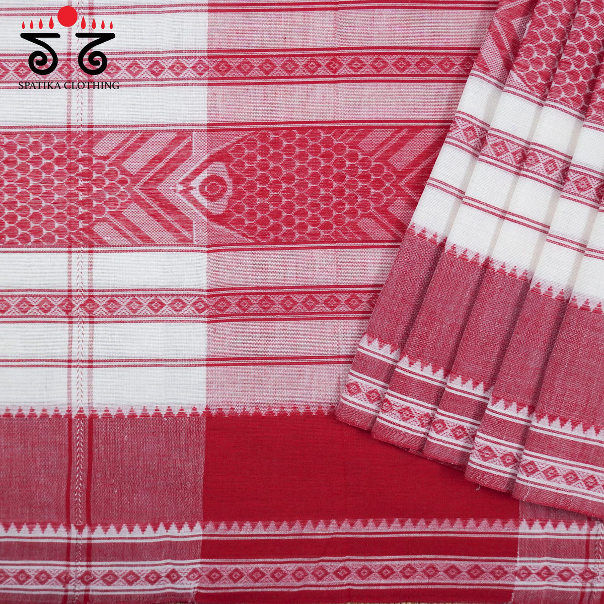 White & Red Begampur Saree-With Fish Motifs!