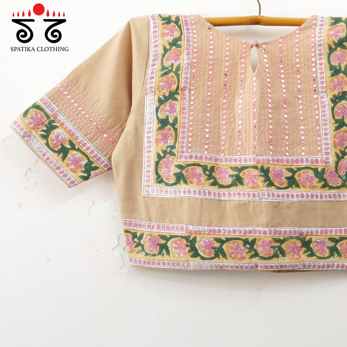 Beige Mirror Work Hand embroidered Blouse