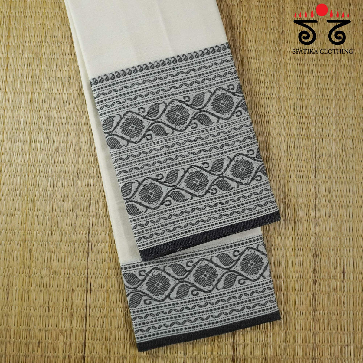 White & Black Begampur Handwoven Cotton Saree New!