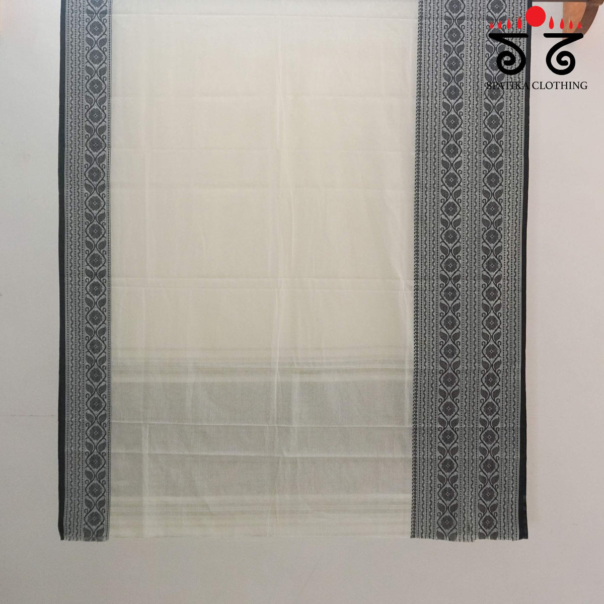 White & Black Begampur Handwoven Cotton Saree New!