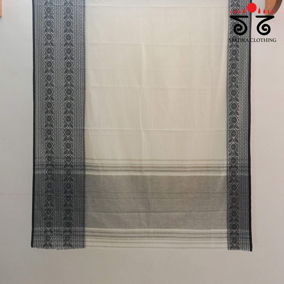 White & Black Begampur Handwoven Cotton Saree New!