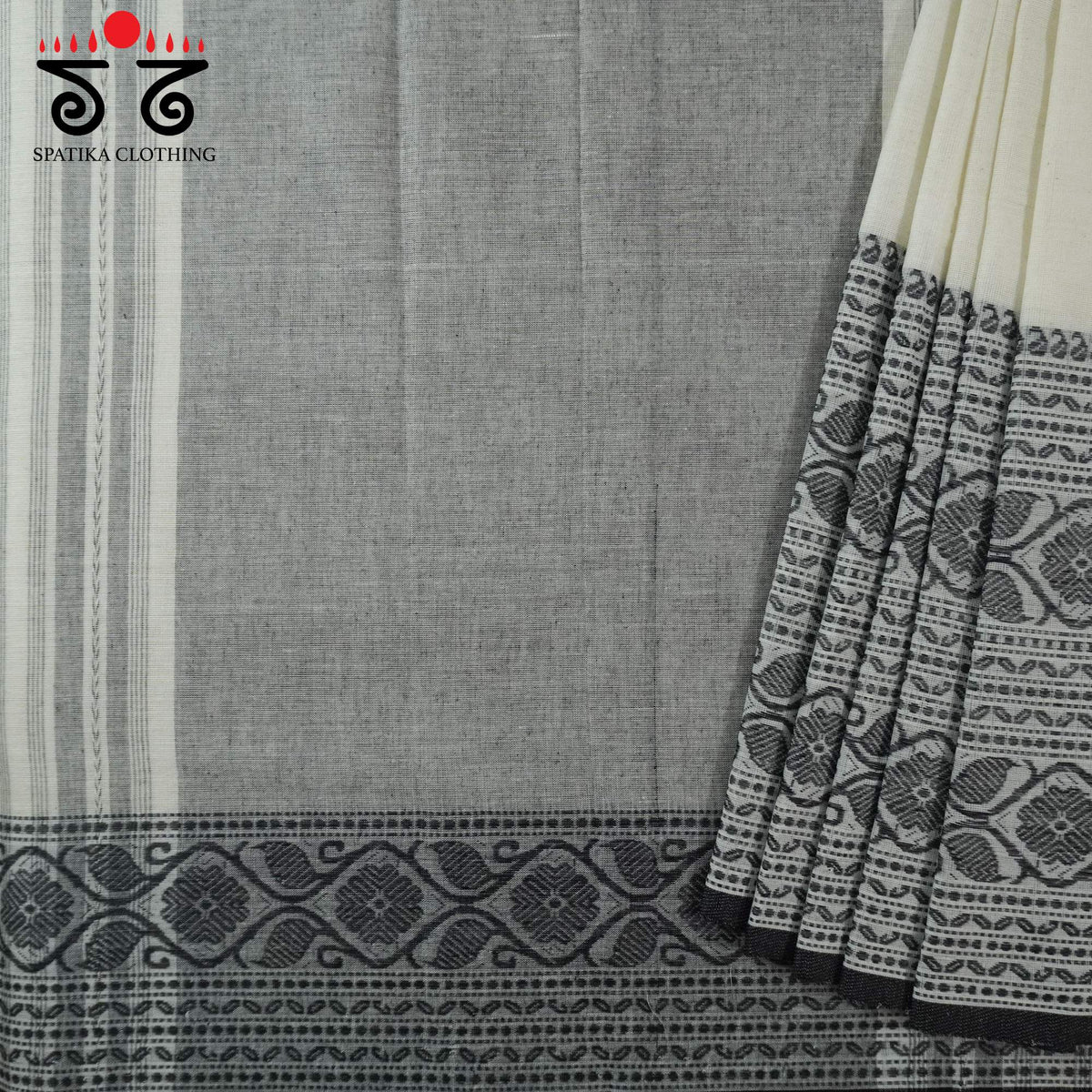White & Black Begampur Handwoven Cotton Saree New!