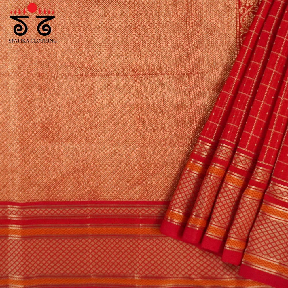 Festive Kanjivaram Silk Cotton- Red with Orange Lambani - Bandhani blouse