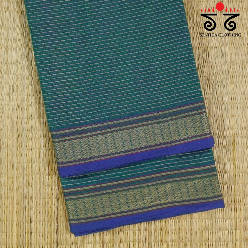 Festive Kanjivaram Silk Cotton- Teal with Blue Chettinad - Pen Kalamkari Blouse