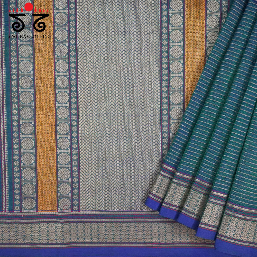 Festive Kanjivaram Silk Cotton- Teal with Blue Chettinad - Pen Kalamkari Blouse