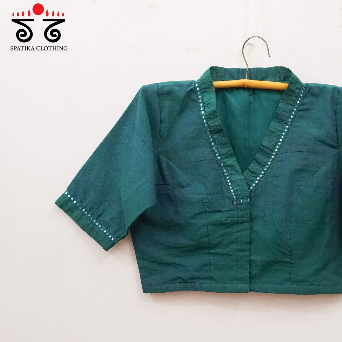 Teal Mirror Work - V Neck Blouse