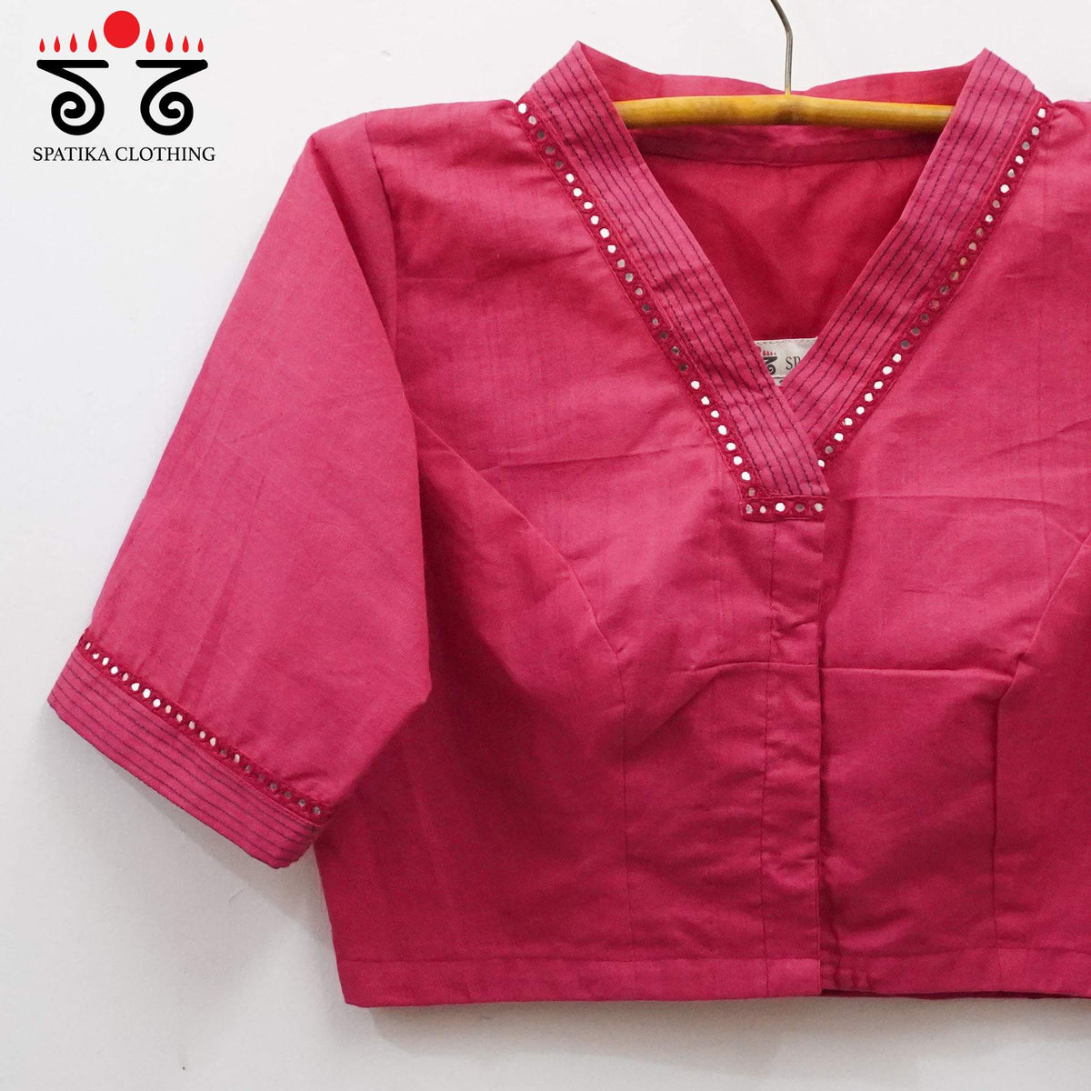 Pink Mirror Work - V Neck Blouse