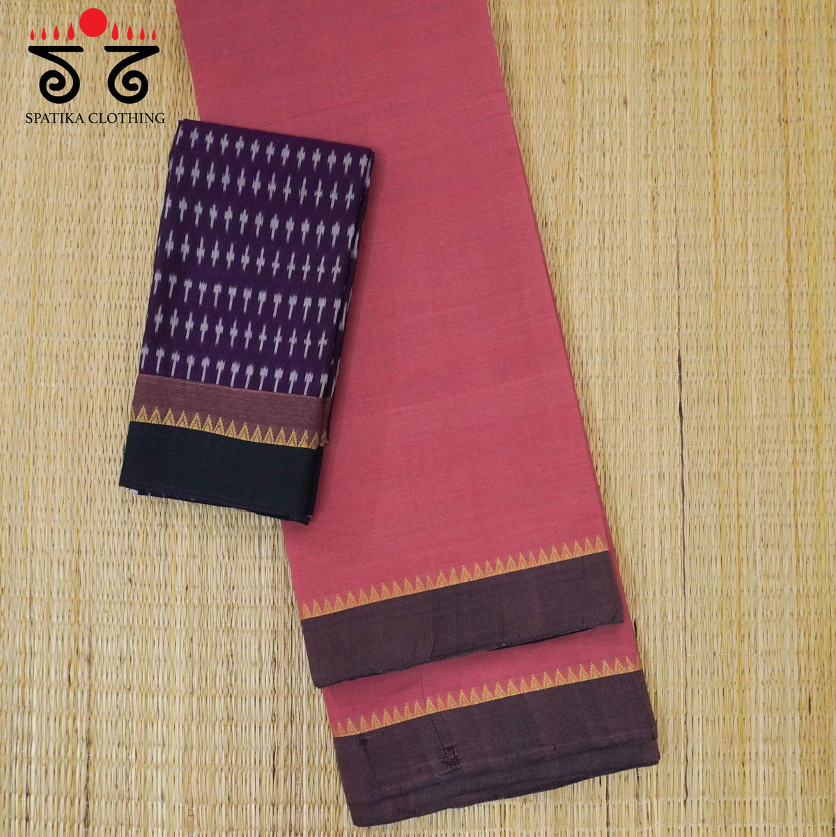 Pink Andhra Cotton Saree With Ikat Blouse