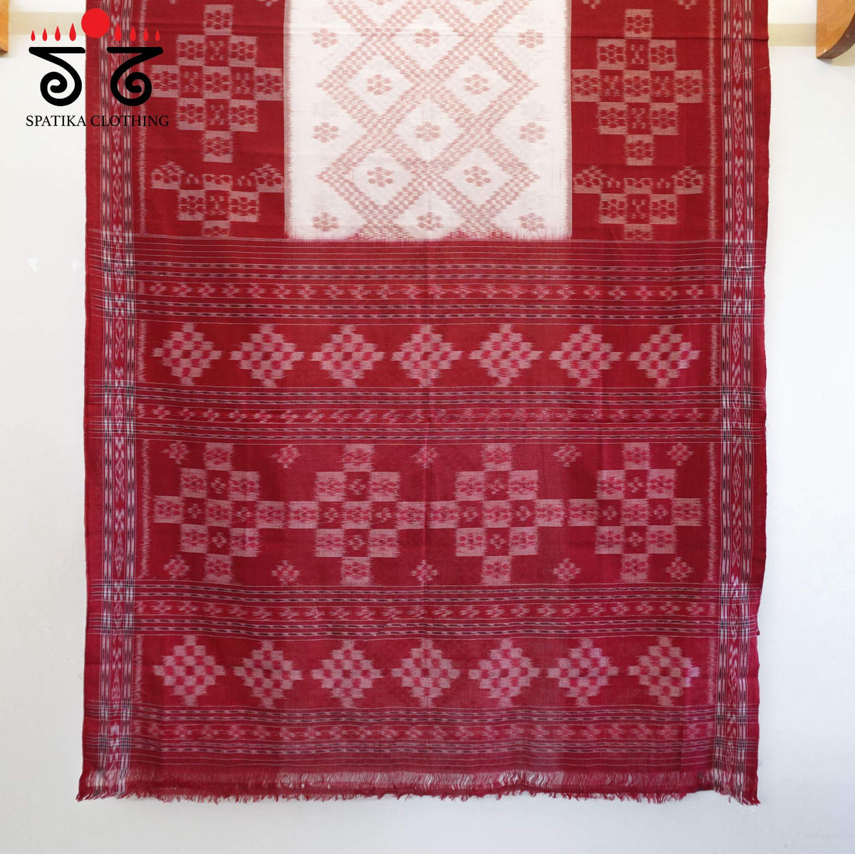Red and White Nuapatna-Ikat Handwoven Cotton Saree
