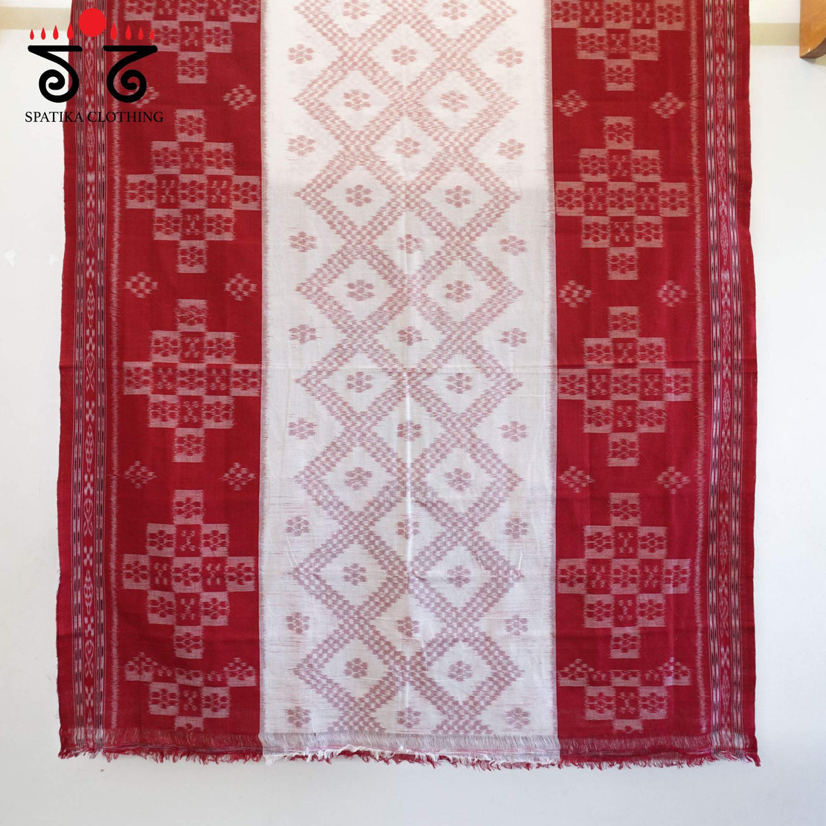 Red and White Nuapatna-Ikat Handwoven Cotton Saree
