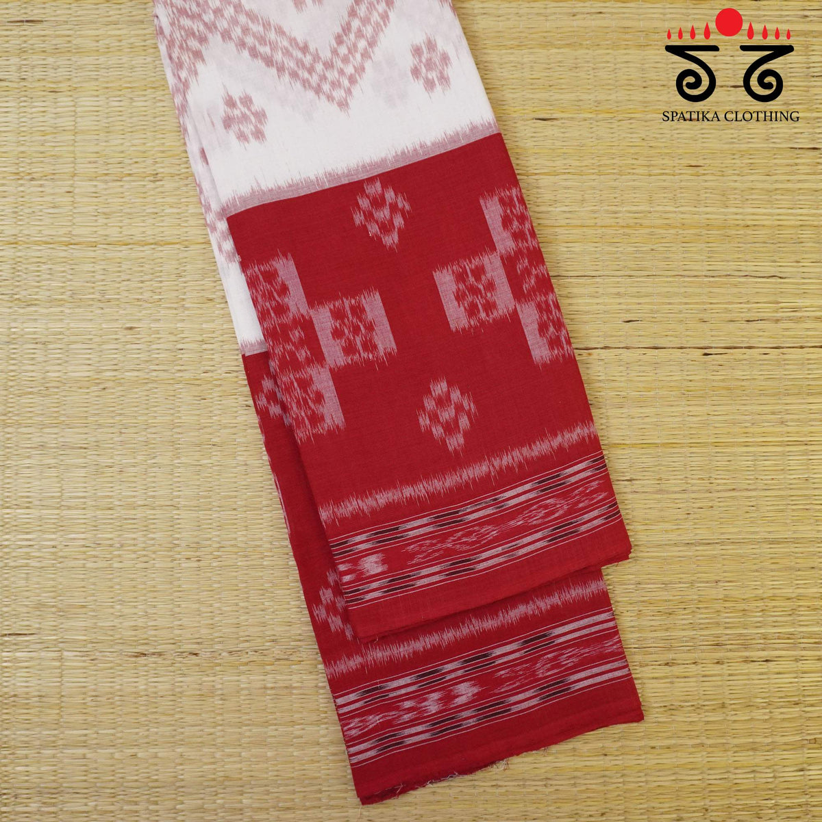 Red and White Nuapatna-Ikat Handwoven Cotton Saree
