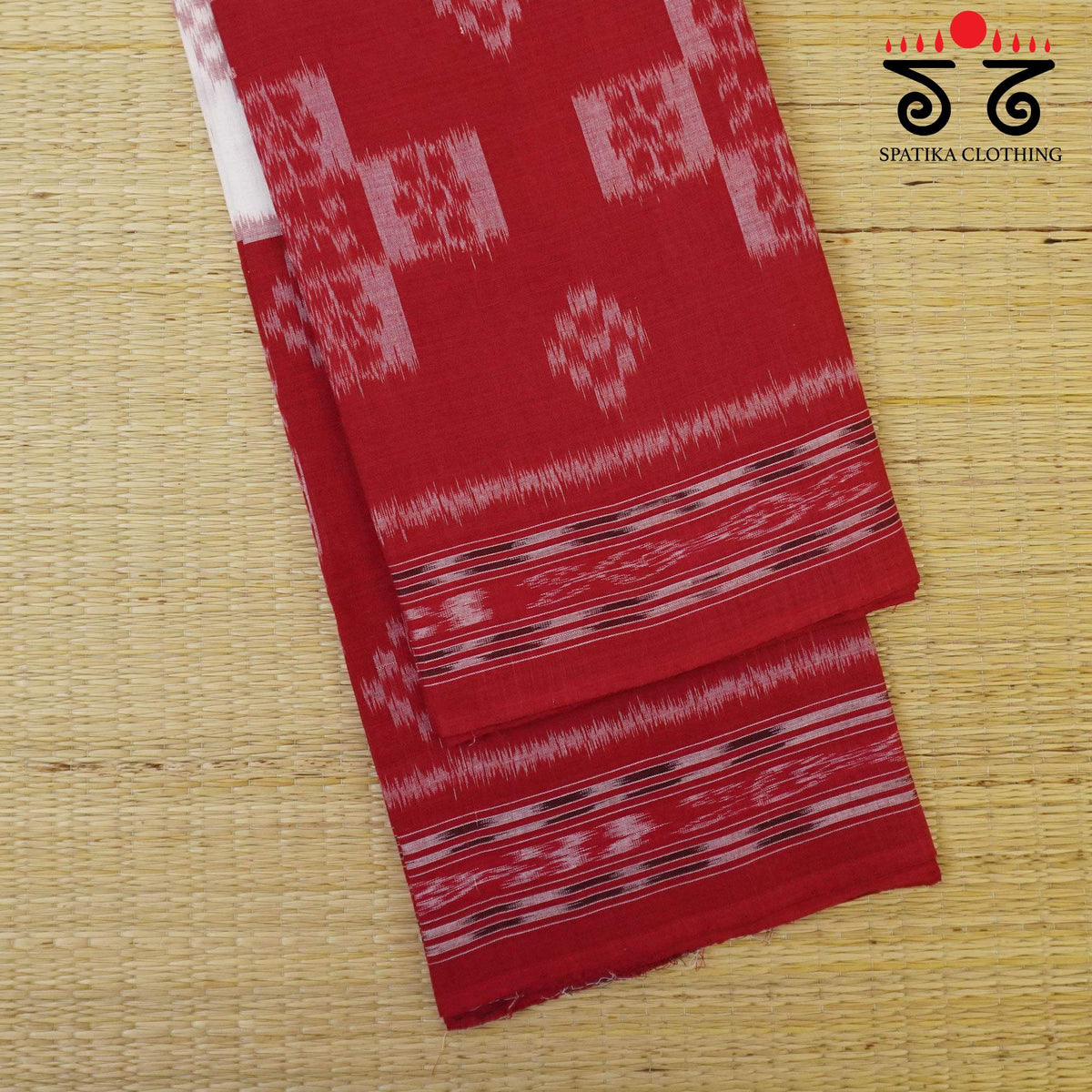 Red and White Nuapatna-Ikat Handwoven Cotton Saree