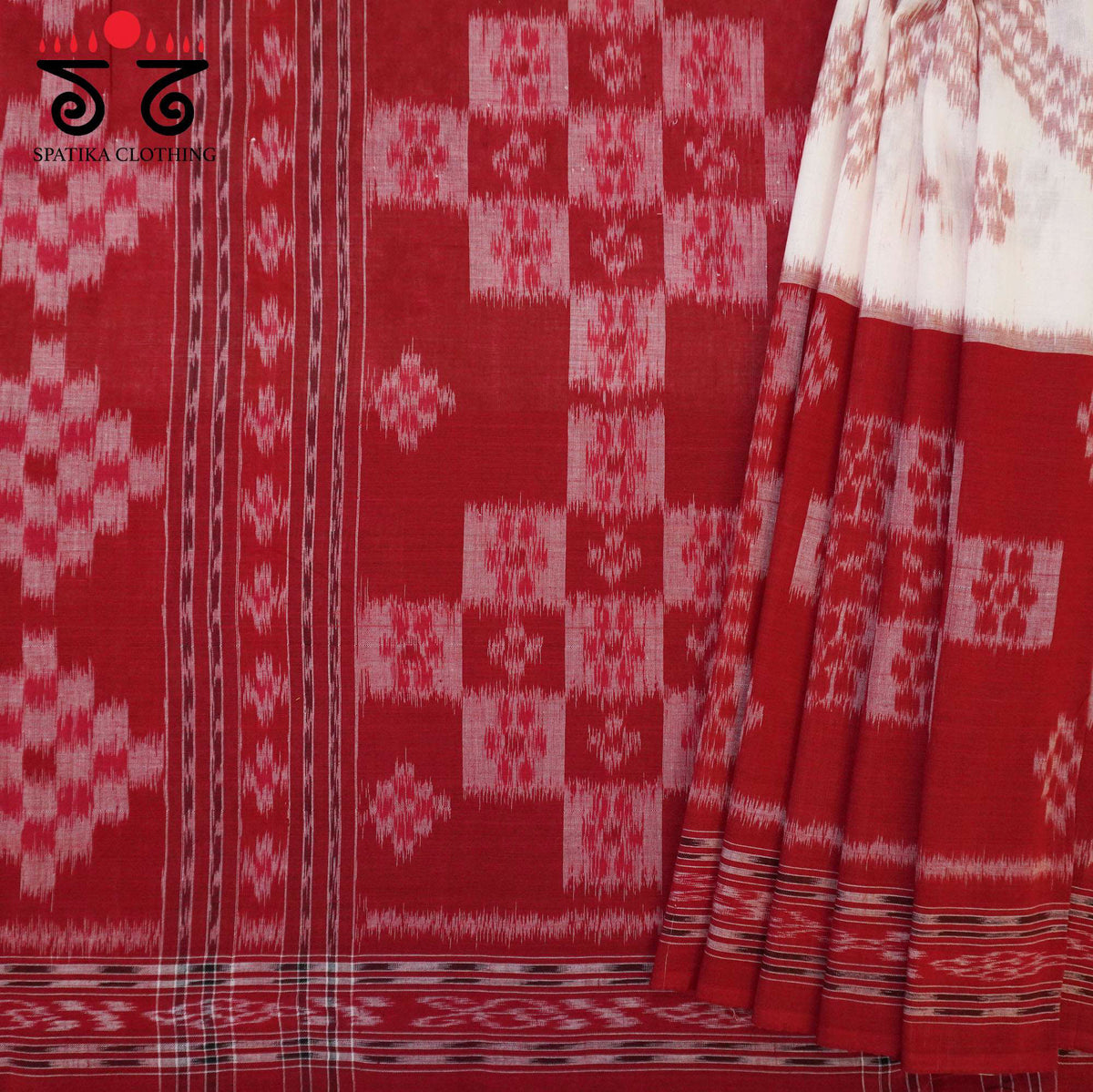 Red and White Nuapatna-Ikat Handwoven Cotton Saree