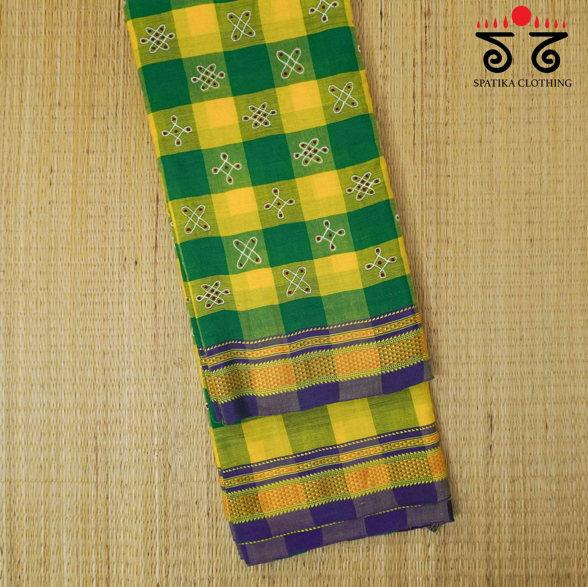 Green and Yellow Kolam - Embroidered Ilkal Saree