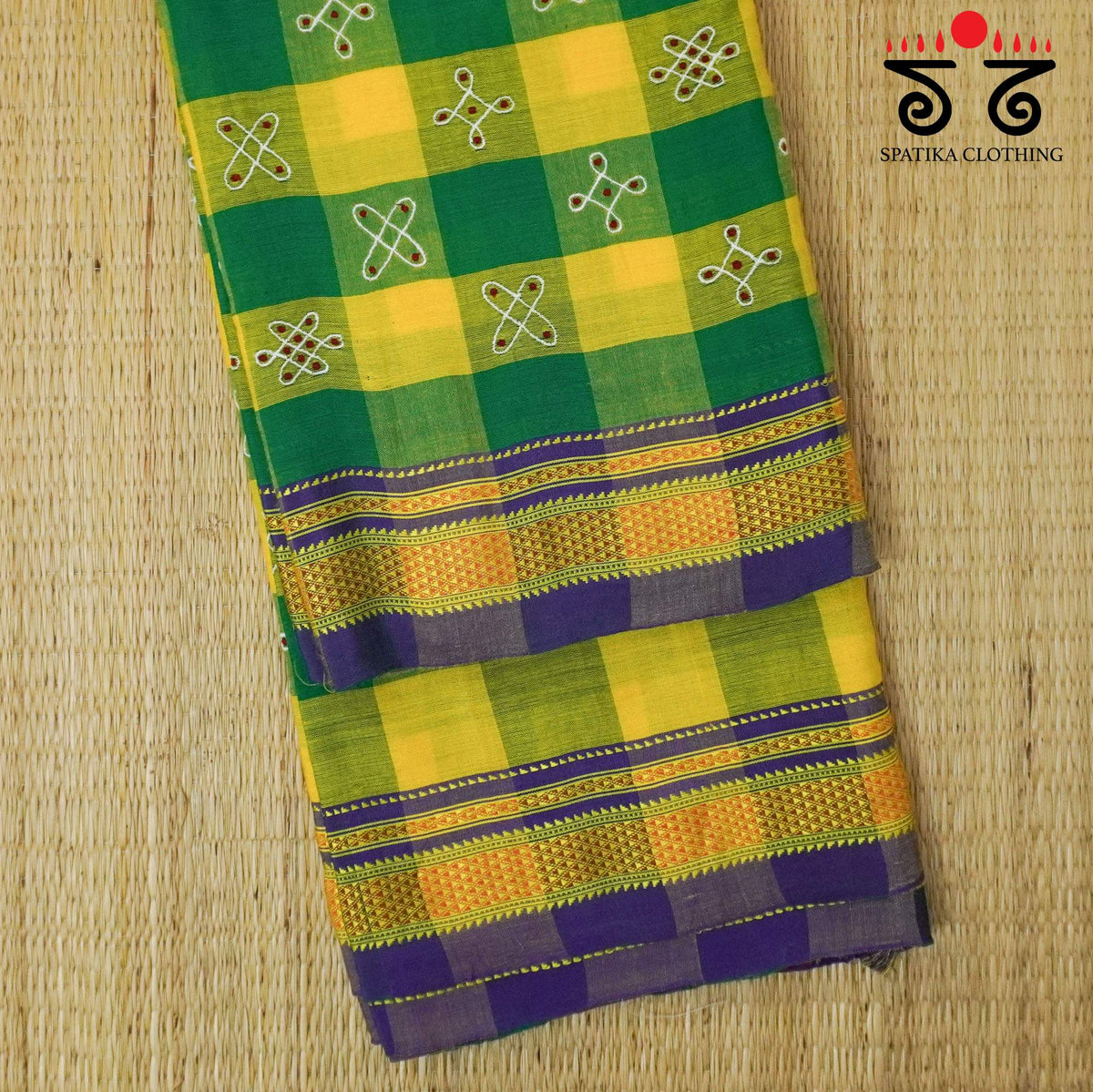 Green and Yellow Kolam - Embroidered Ilkal Saree