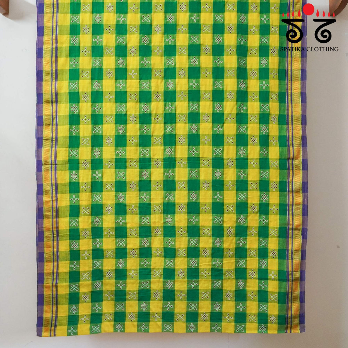 Green and Yellow Kolam - Embroidered Ilkal Saree