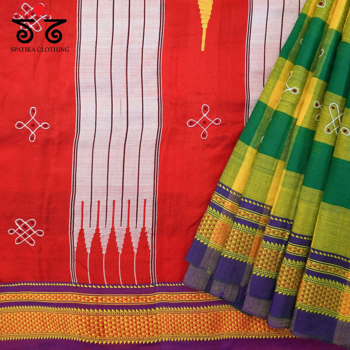 Green and Yellow Kolam - Embroidered Ilkal Saree
