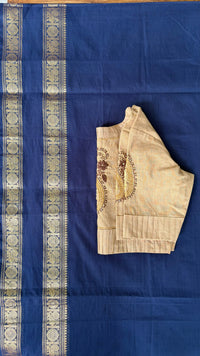 Blue South Cotton Saree with Festive Chikankari Beige Blouse - New!