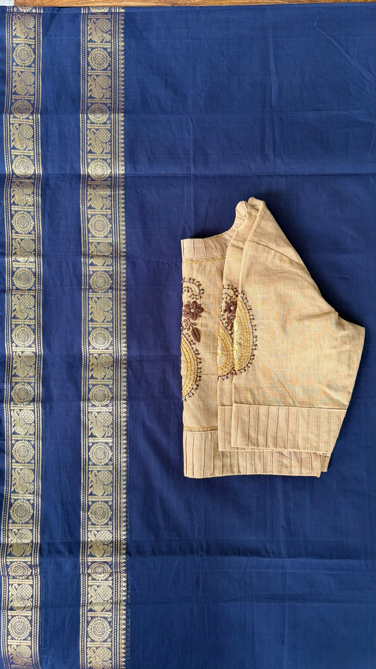 Blue South Cotton Saree with Festive Chikankari Beige Blouse - New!