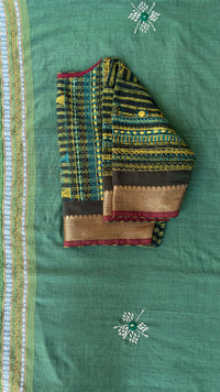 Ilkal Hand Embroidered Cotton Saree with Green Kashi - The Festive Lambani Blouse