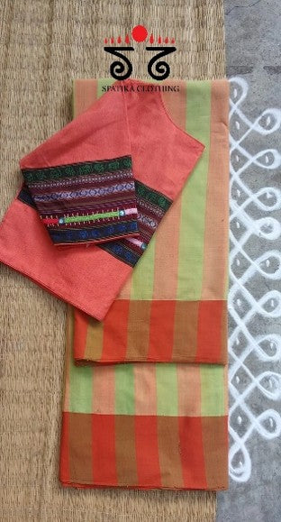Orange Ilkal Handwoven Cotton Saree - Special Edition with The Solid - Khun Lambani Blouse