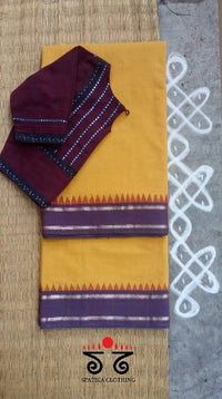Yellow Ponduru Handspun Cotton Saree with Dark Maroon Mirror Work Hand embroidered Blouse