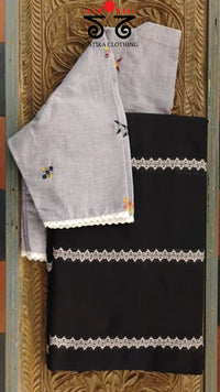 Black Begampur Handwoven Cotton Saree with Grey Jamdhani Lace Blouse