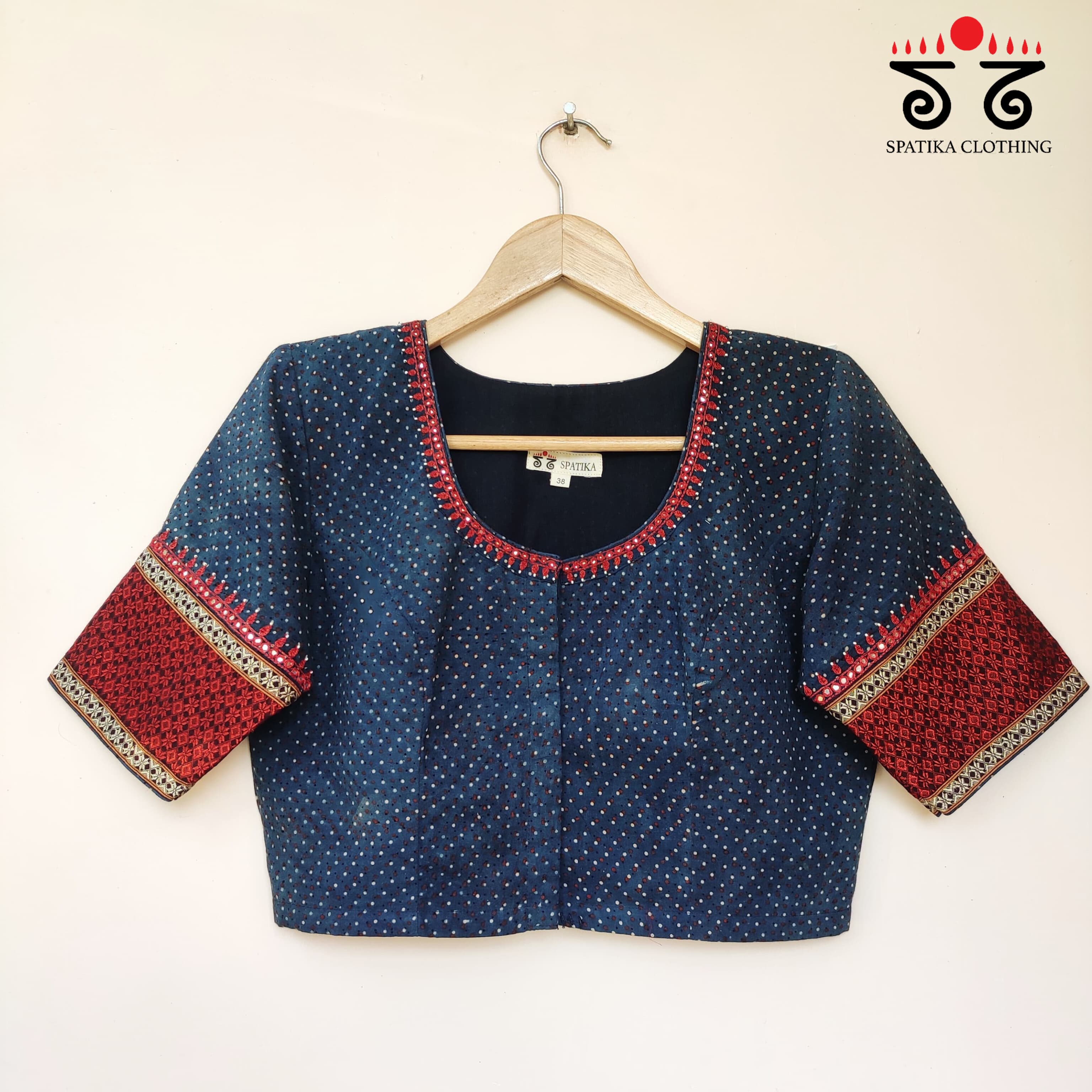 Blue & Red Ajrak Khun Handembroidered Blouse